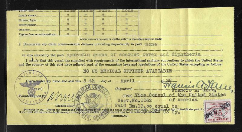 United States Consular Service Fee Stamps RK19 on 1938 Medical Form Germany