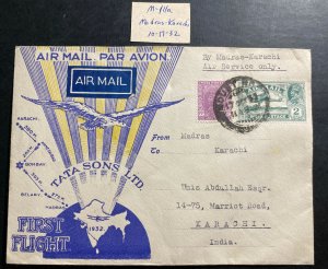 1932 Madras India Airmail First Flight cover FFC To Karachi Tata Airways
