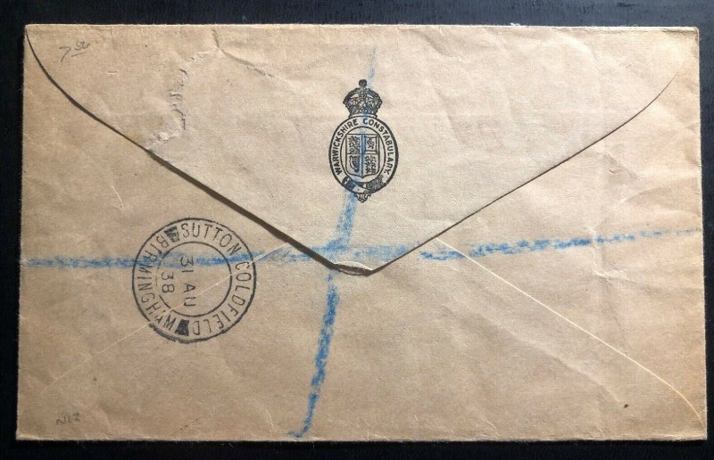 1938 Sutton Coldfield England Constabulary Service Cover To Birkenhead