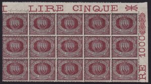 1894 SAN MARINO, n. 22 5 Lire carmine on green BLOCK OF 15 - MNH**