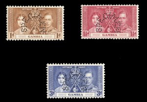 Gambia #129-131S Cat$125, 1937 Coronation, set of three, perforated Specimen,...