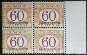 Eritrea #J7a Postage Due 60c Block of 4 Italian Colony 1920 MNH Sheet Margin