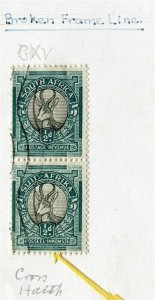 SOUTH AFRICA; 1937 early Springbok issue 1/2d. Pair used PLATE FLAW VARIETY