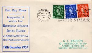 GREAT BRITAIN 1957  World's First Naphthadag Automatic Sorting Machine FDC