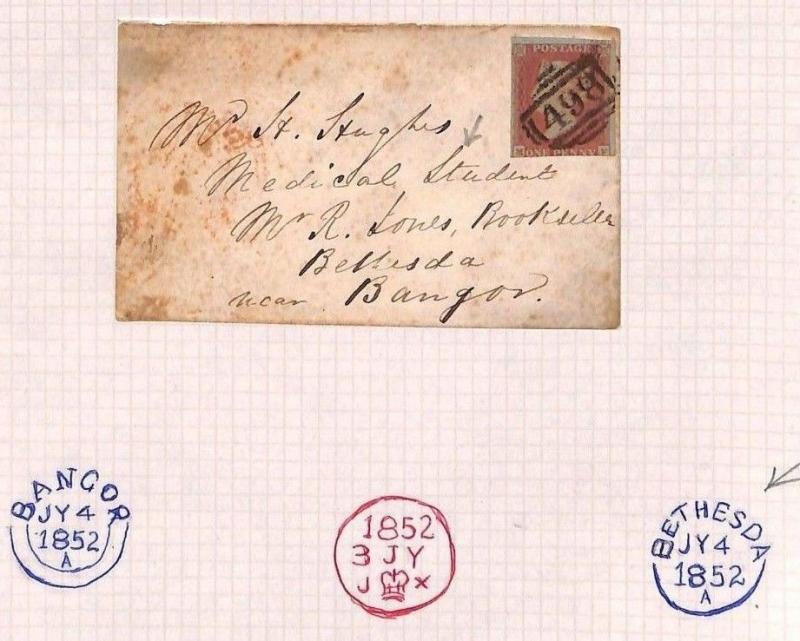 G9 GB Wales 1852 MEDICAL STUDENT *Bethesda* Penny Red Cover Bangor ex Manchester