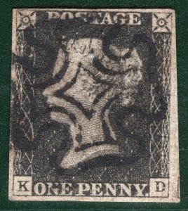 GB PENNY GREY-BLACK 1840 QV Stamp SG.3 1d Plate 4 (KD) Used MX Cat £500 BRRED73