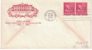 1939 Prexie Coil FDC, #841, 2c John Adams, House of Farnam, pair