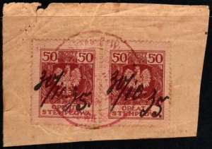 Vintage Poland Revenue 50 Grosz Stamp Duty Used Pair On Piece