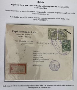 1930 Potosi Bolivia Registered Cover To Hamburg  Germany Via Buenos Aires