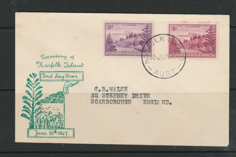 Norfolk Island FDC 1947 2d & 4d Illus, Typed address