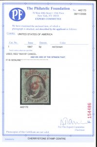 U.S. #1 WITH PF CERT RED WAY/5 CANCEL