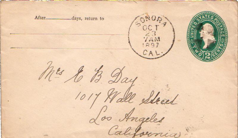 United States California Sonora 1897 segmented cork  Postal Stationery Envelope.