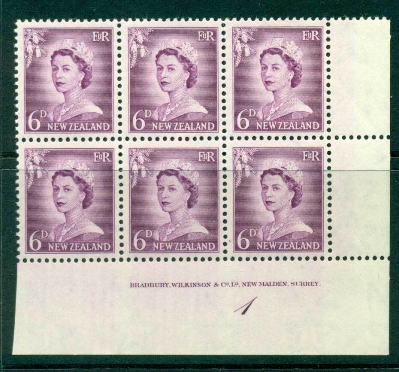 New Zealand 1955 QEII Redrawn 5d Mauve Plate 1 Block 6 MH/MUH Lot25594