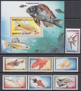 MONGOLIA Sc #1639-46 CPL MNH SET of 7 + S/S - TROPICAL FISH