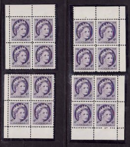 Canada-Sc#340p- id5-four unused NH corner blocks-Tagged-WCB-Wilding-1962-