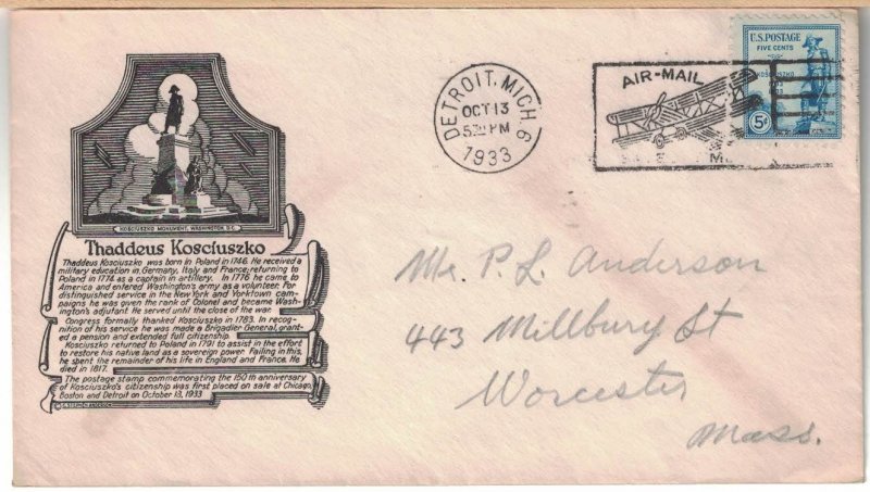 #734 FDC, 5c Kosciuszko, 3 diff. cachets