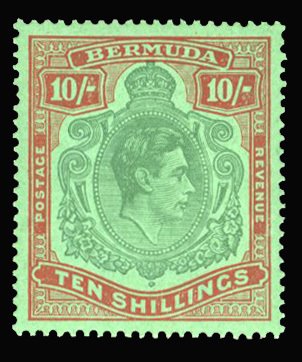 Bermuda #126var (SG 119d) Cat£85, 1938-53 George VI, 10sh green and dull red...