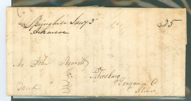 US  Spring Hill, Arkansas, 3 January 1837, Stampless Cover to Petersburg, IL Due 25