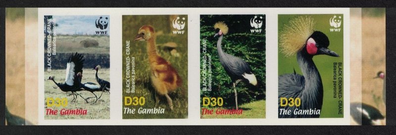 Gambia Birds WWF Black Crowned Crane Strip of 4v imperf 2006 MNH