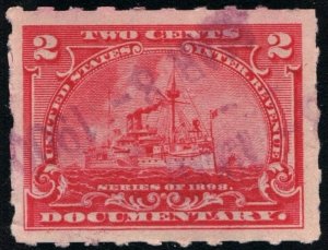 R164p 2¢ Battleship Documentary Stamp: Hyphen Hole  Perf 7 (1898) Date Stamped