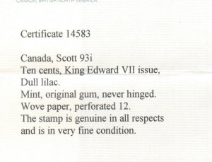 Canada #93i Extra Fine Never Hinged **With Certificate**