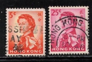 HONG KONG  Scott # 203b, 207a Used - QEII Watermarked Sideways 1