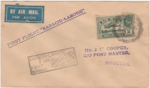 INDIA 1934 KGV 1ST FLIGHT COVER KARACHI - LAHORE