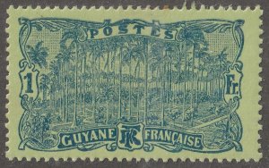 French Guiana, stamp,  Scott#80,  mint, hinged,  1, franc, blue/yellow