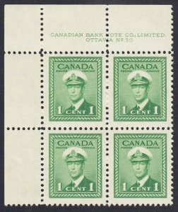 HISTORY *WAR ISSUE = KING GEORGE VI = Canada 1942 #249 UL PB #30 Mint Block of 4
