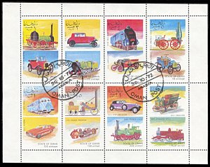 Oman State, CTO, Transportation, Trains, Cars, Tractors miniature sheet