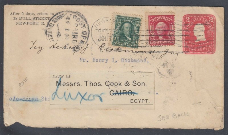 US 1907 cover from Newport RI to Thomas Cook in Cairo EGYPT, fwd to Luxor