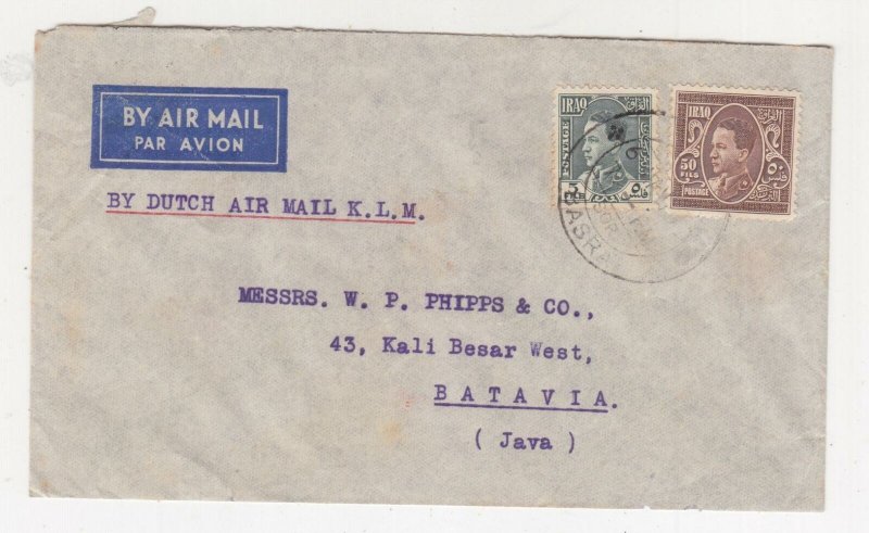 IRAQ, 1937 KLM Airmail cover, Basrah to Neth. East Indies, 5f. & 50f..