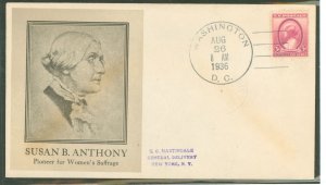 US 784 1936 3c Susan B. Anthony - women's suffrage (single) on an addressed (hand stamp) first day cover with an unknown...