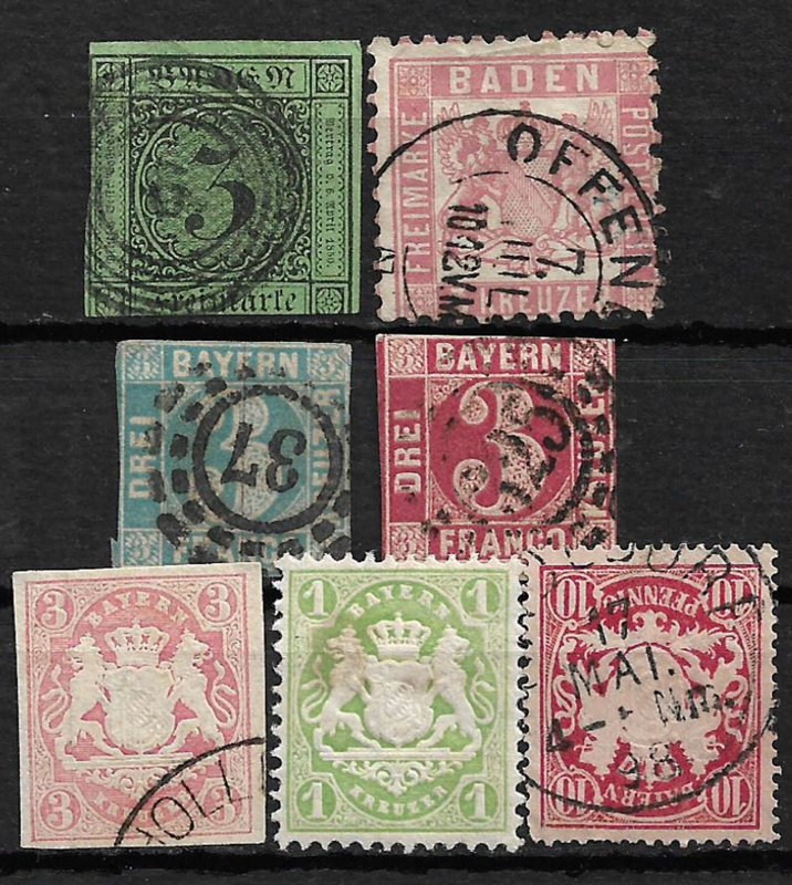 COLLECTION LOT OF 7 GERMAN STATES BADEN BAVARIA STAMPS 1853+ CV+$40