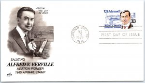 U.S. FIRST DAY COVER ALFRED V. VERVILLE AVIATION PIONEER AIRMAIL RATE 1985