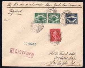 Scott C4 & C5 +1922 2c stamp on 1924 Airmail Registered Cover, New York - LA Cal