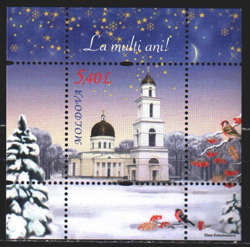 Moldova. 2010. bl 52. Church, bullfinches, christmas. MNH.