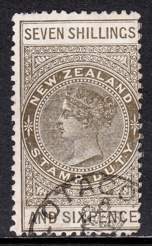 NEW ZEALAND — SCOTT AR9 (SG F63) — 7sh6d POSTAL FISCAL — P11 — USED — SCV $500 