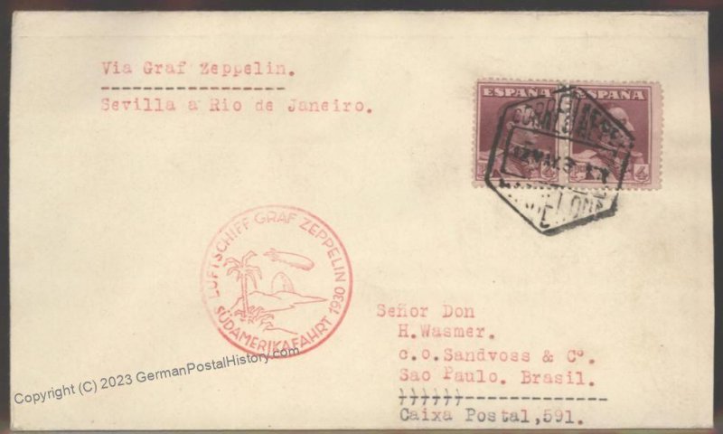 Spain Germany 1930 Graf Zeppelin Seville Rio Brazil Mi64A Flown Cover 103490