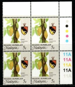 MALAYA NEGRI SEMBILAN SG119c 1994 5c AGRICULTURAL PRODUCTS P14X13¾ BLK OF 4 MNH