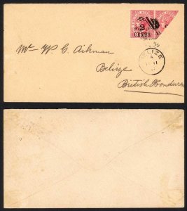 British Honduras SG27c Aikman envelope with 2c on 1d Pair one bisected