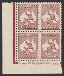 AUSTRALIA 1945 Kangaroo 2/- redrawn die imprint block MNH **. ACSC 41z cat $100