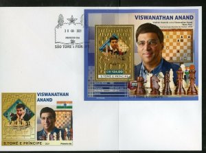 SAO TOME 2021 VISWANATHAN ANAND  CHESS MASTER GOLD FOIL S/SHEET FIRST DAY COVER