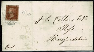 GB 1d red HB on entire to Herefordshire. Light black Maltese Cross cancella...