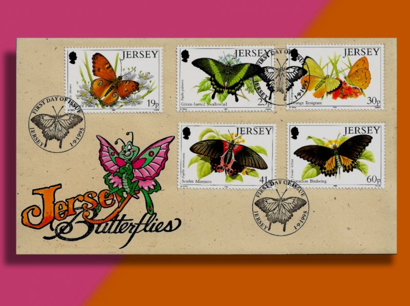 Jersey celebrates Its Vibrant Butterflies • Handcolored FDC from 1995!