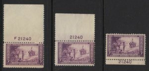 1934 Wisconsin Tercentenary 3c purple Sc 739 MNH matched plate number 21240 (L