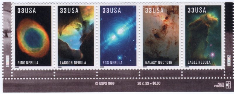 Scott #3388a (3384-88) Hubble Telescope Plate Strip of 5 Stamps - MNH Bottom