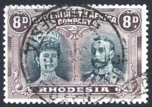 Rhodesia 1910 8d Green Black & Purple P14 SG 148 Scott 109 VFU Cat £100($122)