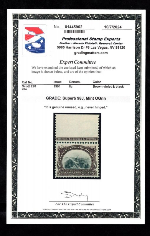 MOMEN: US STAMPS #298 MINT OG NH PSE GRADED CERT SUP-98J LOT #92341*