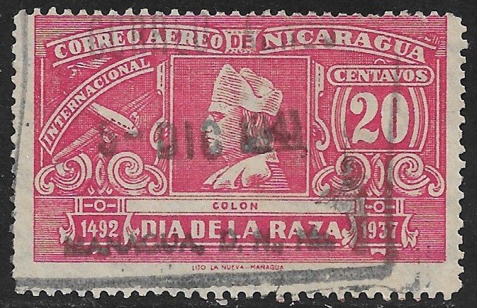 NICARAGUA 1937 20c COLUMBUS WMKD P. 11 Airmail Issue Sc C221 USED